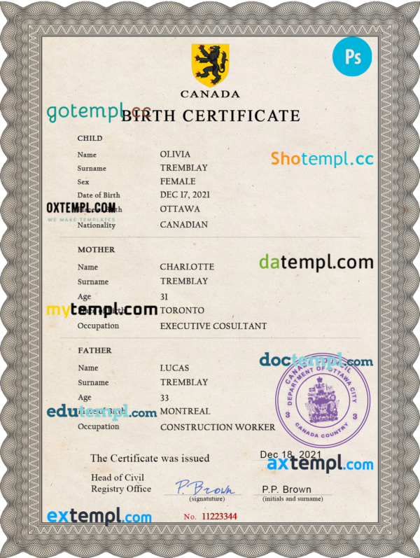 Canada vital record birth certificate PSD template, completely editable
