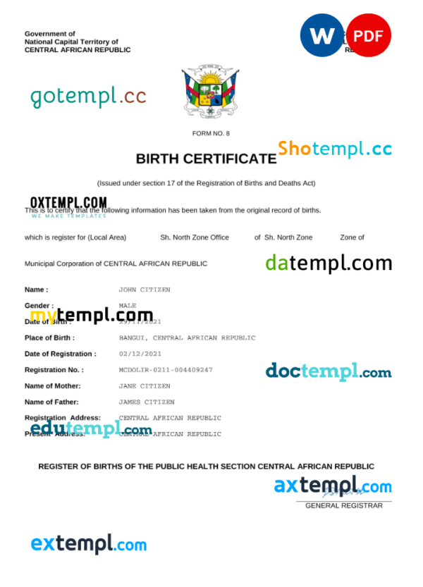 Central Affrican Republic vital record birth certificate Word and PDF template, completely editable
