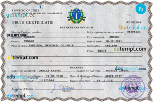 Chile vital record birth certificate PSD template