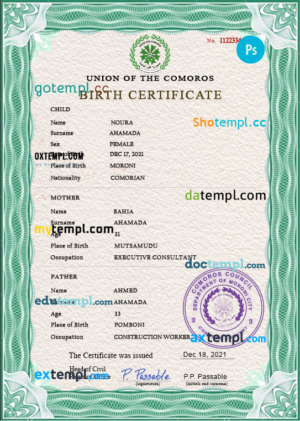 Comoros vital record birth certificate PSD template, fully editable