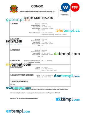 Congo vital record birth certificate Word and PDF template, completely editable