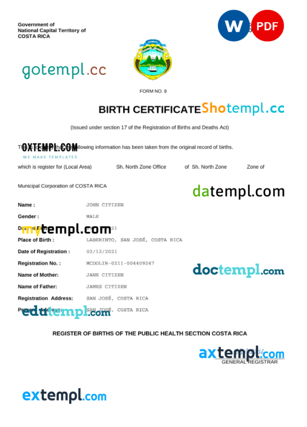 Costa Rica birth certificate Word and PDF template, completely editable