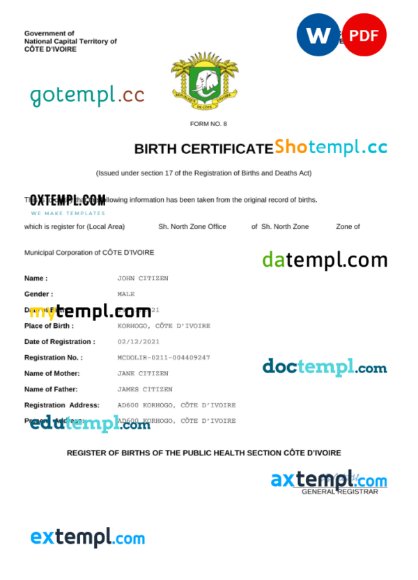 Cote d'Ivoire vital record birth certificate Word and PDF template, completely editable