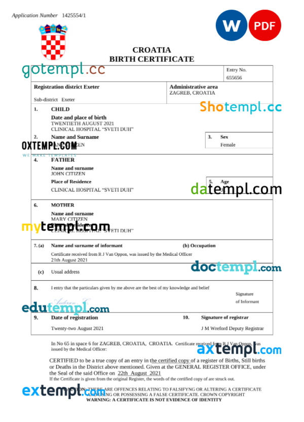 Croatia birth certificate Word and PDF template, completely editable