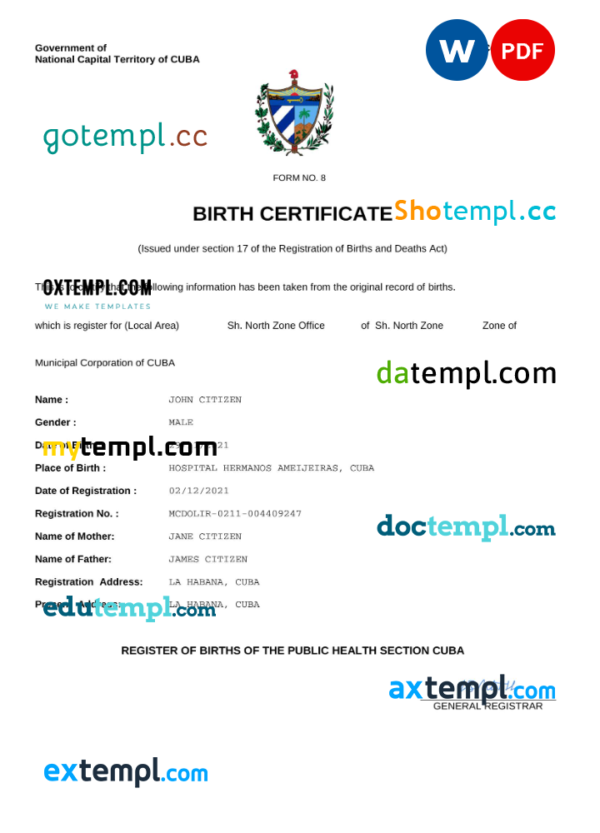 Cuba vital record birth certificate Word and PDF template, completely editable