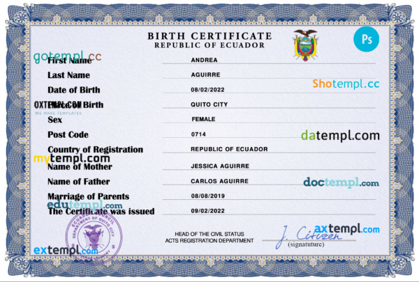 Ecuador birth certificate PSD template, completely editable