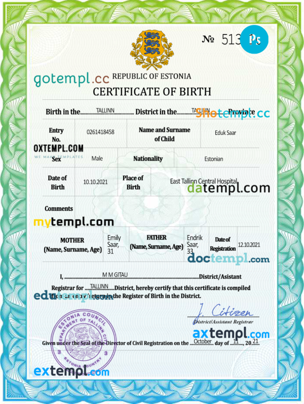 Estonia vital record birth certificate PSD template