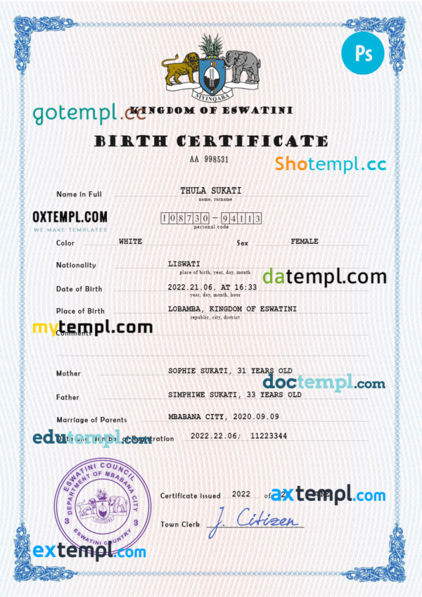 Eswatini vital record birth certificate PSD template, completely editable