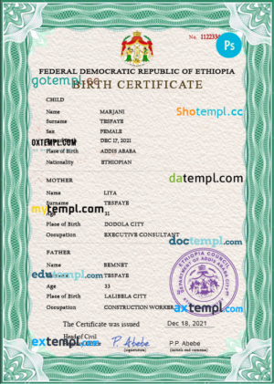 Ethiopia birth certificate PSD template, completely editable
