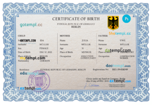 Germany vital record birth certificate PSD template, completely editable