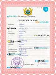 Ghana vital record birth certificate PSD template, completely editable