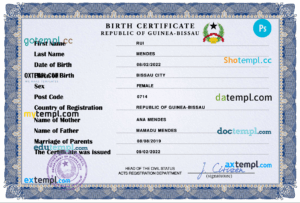 Guinea-Bissau birth certificate PSD template, completely editable