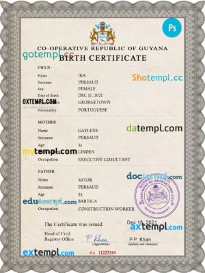 Guyana vital record birth certificate PSD template, fully editable