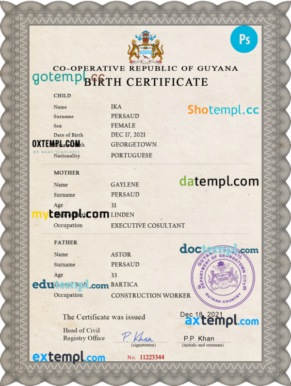 Guyana vital record birth certificate PSD template, fully editable
