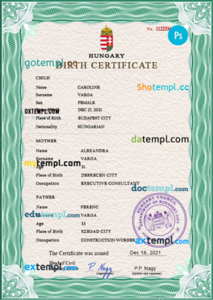 Hungary birth certificate PSD template, completely editable