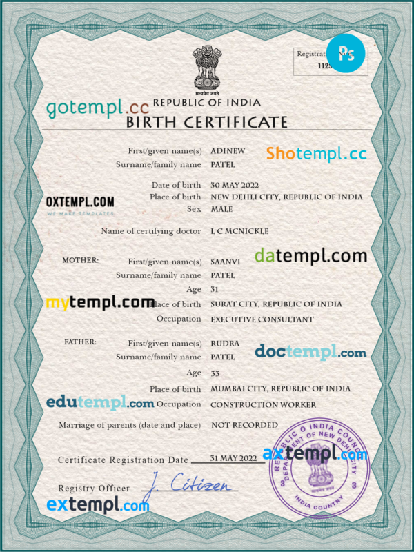 India vital record birth certificate PSD template