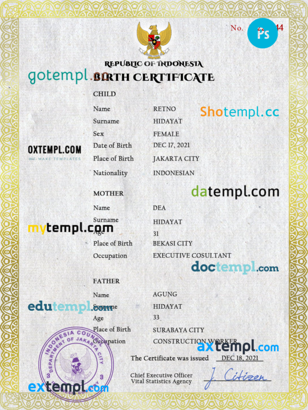 Indonesia vital record birth certificate PSD template, completely editable