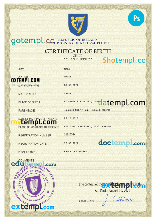 Ireland vital record birth certificate PSD template