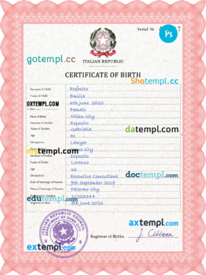 Italy birth certificate PSD template, completely editable