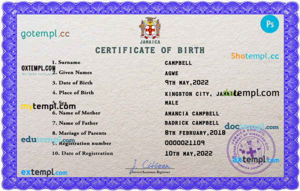 Jamaica vital record birth certificate PSD template, fully editable
