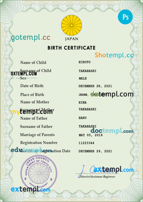 Japan vital record birth certificate PSD template