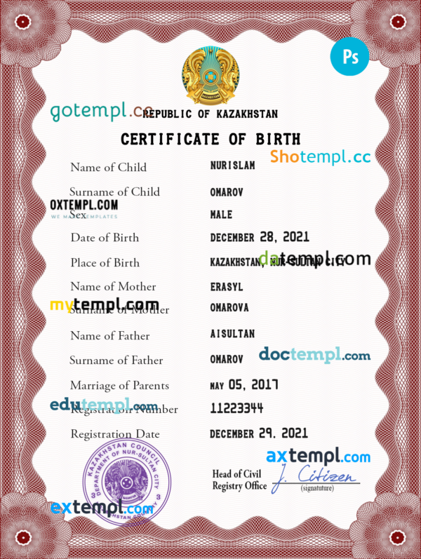 Kazakhstan birth certificate PSD template, completely editable