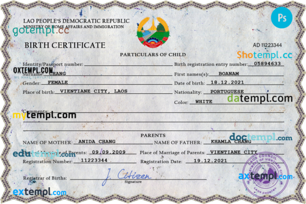 Laos birth certificate PSD template, completely editable