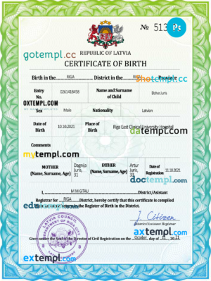 Latvia vital record birth certificate PSD template, fully editable