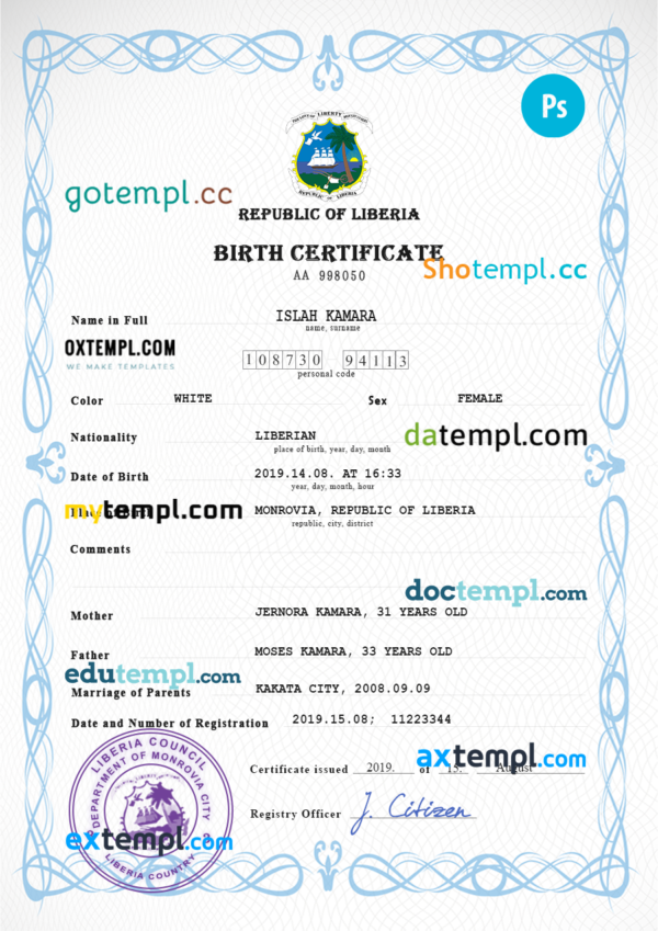Liberia vital record birth certificate PSD template, completely editable