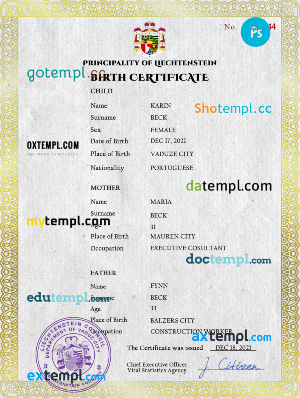 Liechtenstein vital record birth certificate PSD template, fully editable