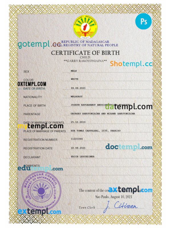 Madagascar birth certificate PSD template, completely editable