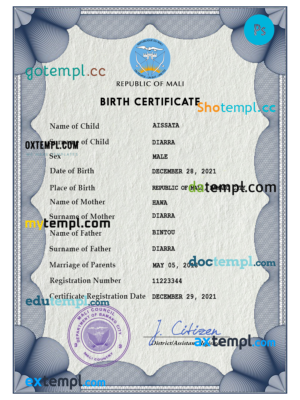 Mali birth certificate PSD template, completely editable