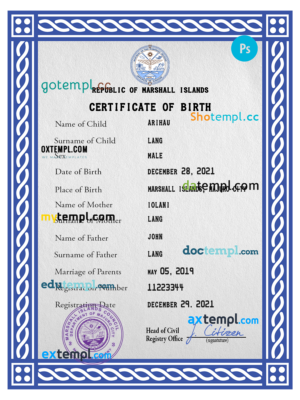 Marshall Islands vital record birth certificate PSD template, fully editable