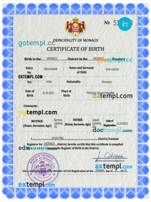 Monaco vital record birth certificate PSD template, fully editable