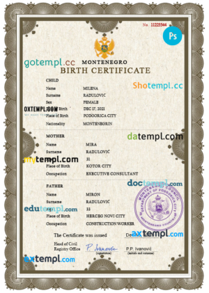 Montenegro vital record birth certificate PSD template