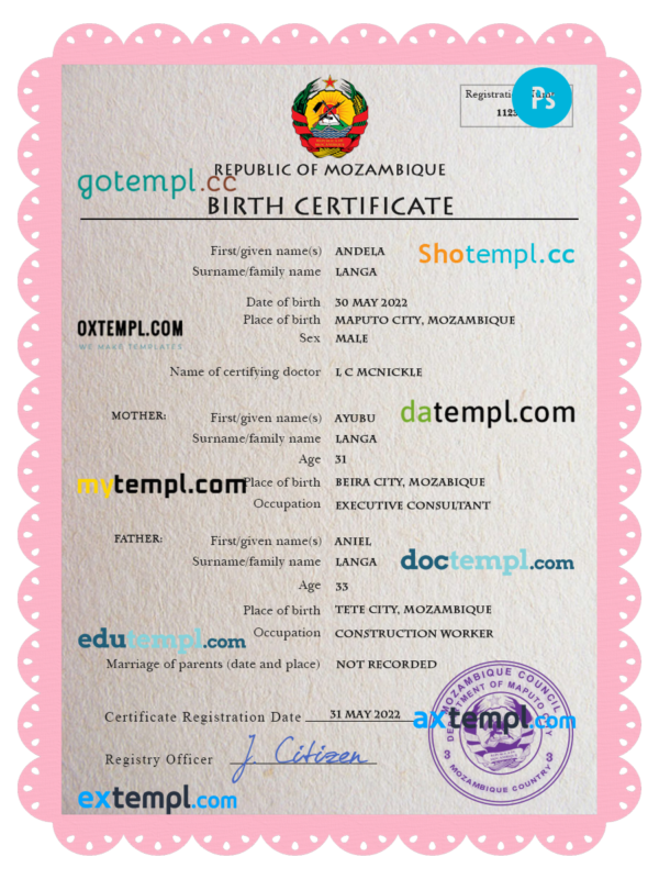 Mozambique birth certificate PSD template, completely editable