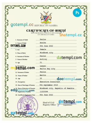 Namibia vital record birth certificate PSD template, fully editable