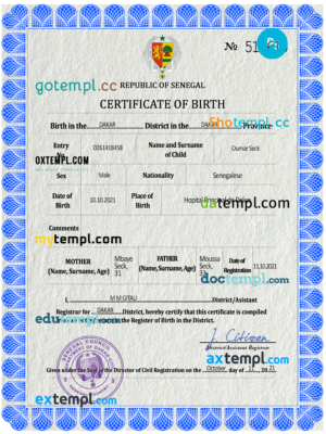 Senegal birth certificate PSD template, completely editable