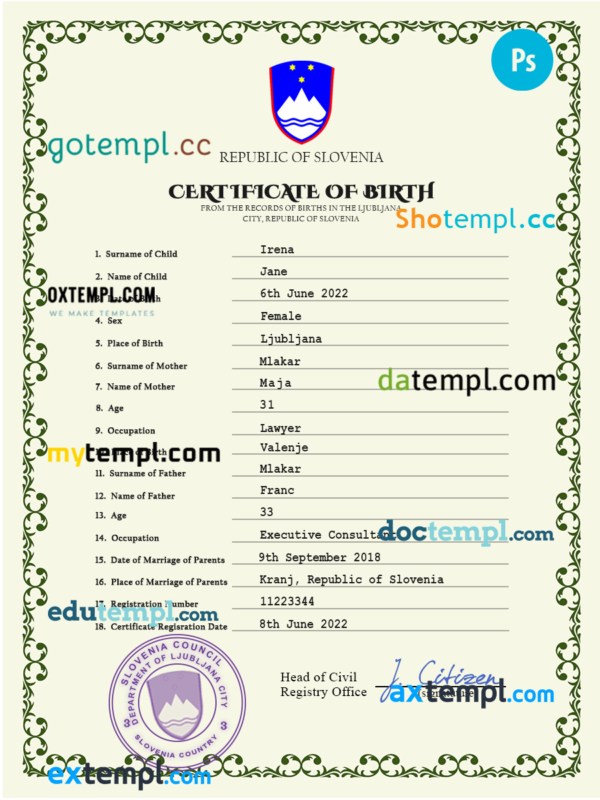 Slovenia birth certificate PSD template, completely editable
