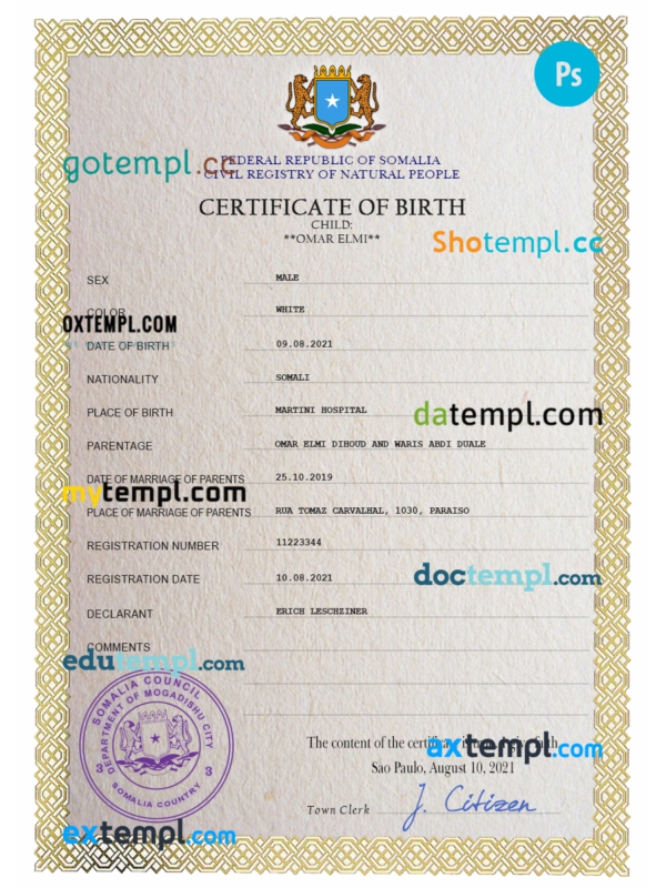 Somalia vital record birth certificate PSD template
