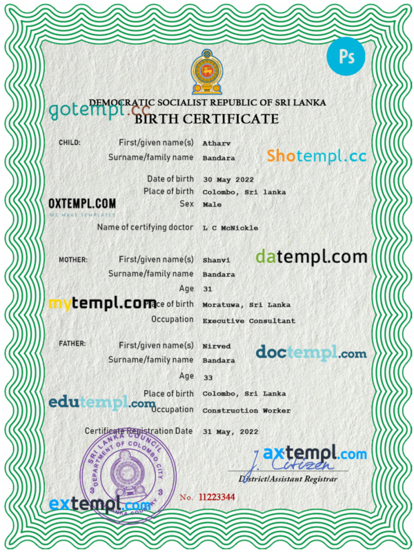 Sri Lanka vital record birth certificate PSD template