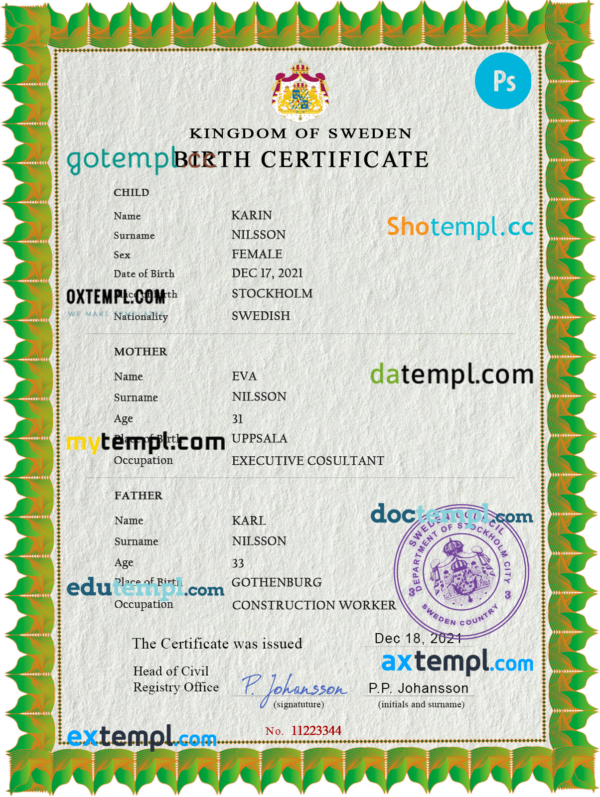 Sweden vital record birth certificate PSD template, fully editable