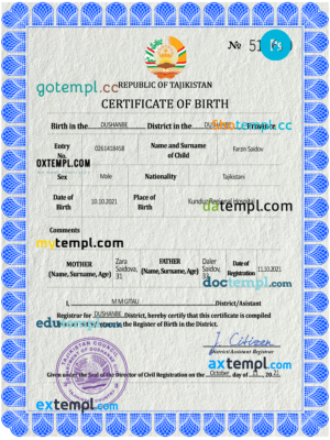 Tajikistan vital record birth certificate PSD template