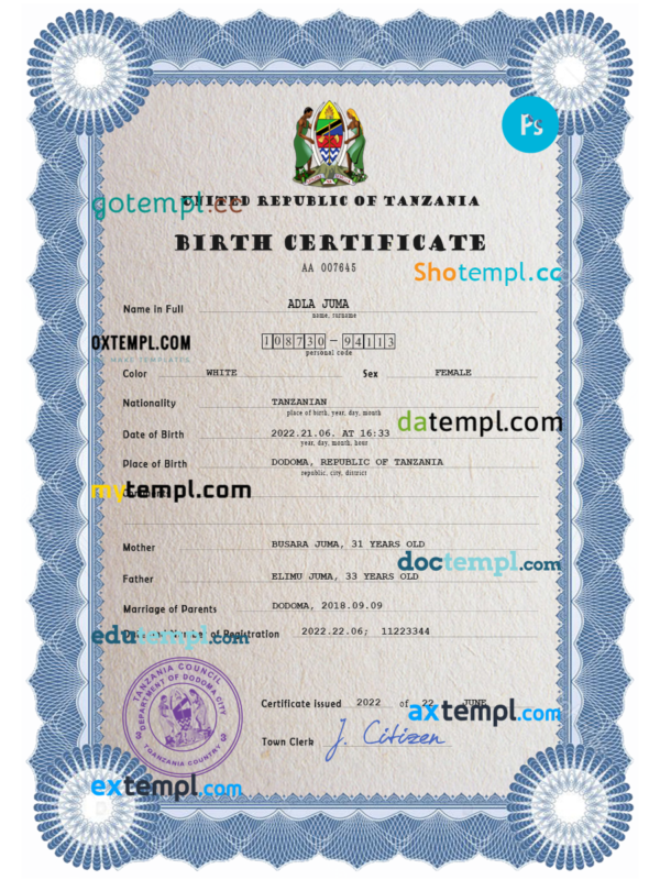 Tanzania birth certificate PSD template, completely editable