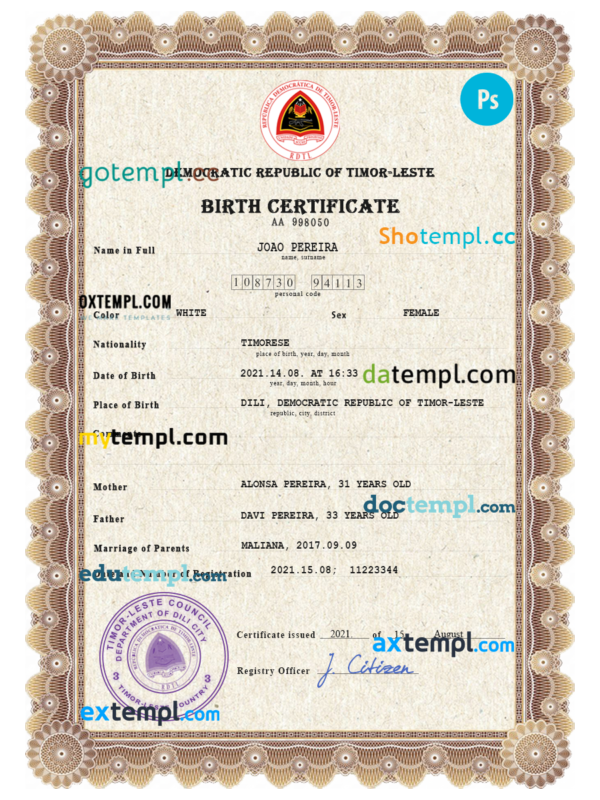 Timor-Leste vital record birth certificate PSD template