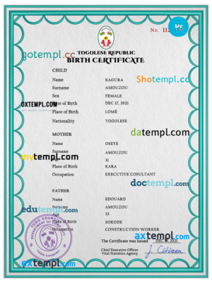 Togo birth certificate PSD template, completely editable