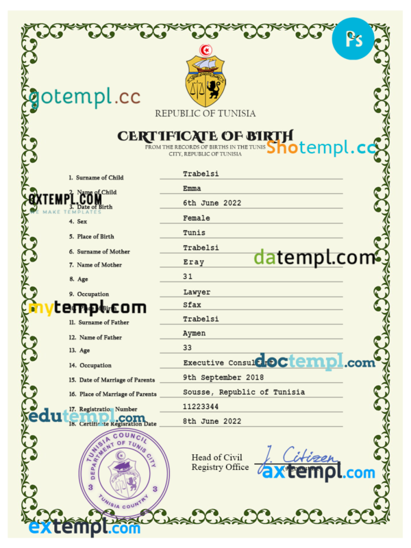 Tunisia vital record birth certificate PSD template