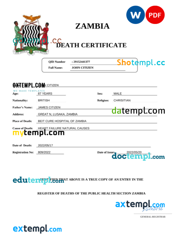 Zambia vital record death certificate Word and PDF template