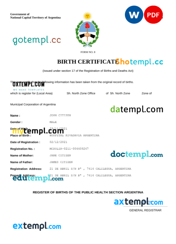 Argentina birth certificate Word and PDF template, completely editable
