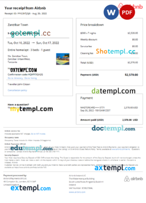 Tanzania Airbnb booking confirmation Word and PDF template